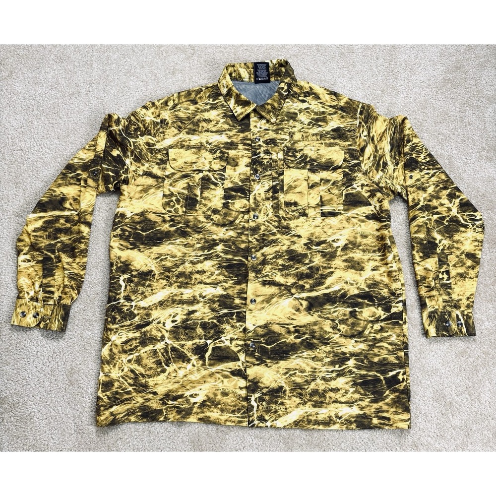 Mossy Oak Elements Agua Vented Fishing Shirt Mens XL Yellow Camo Roll Tab Sleeve